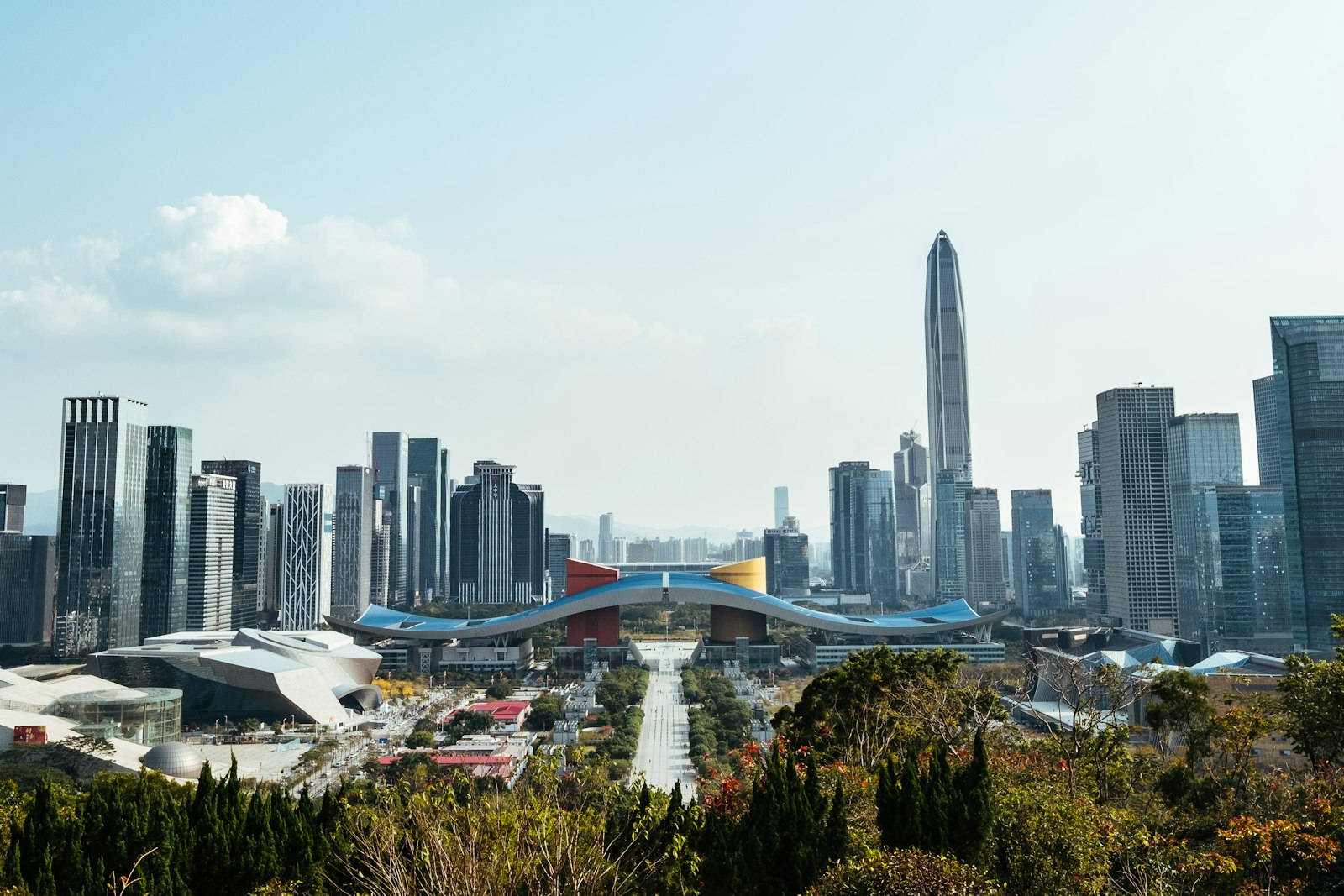 Shenzhen skyline with the Ping An tower and Civic Center seen from Lianhuashan park